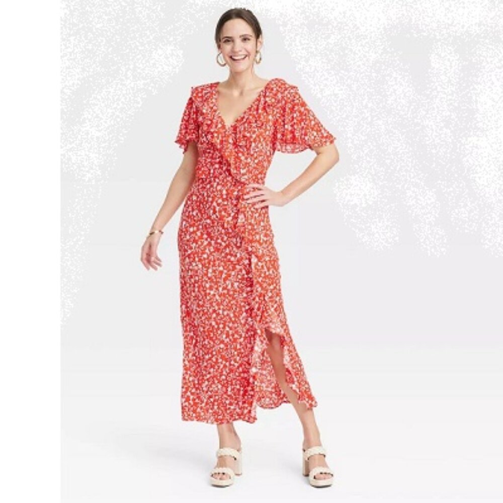 A New Day Ruffle Short Sleeve Maxi Dress   Size Large   NWT   Red & White Floral